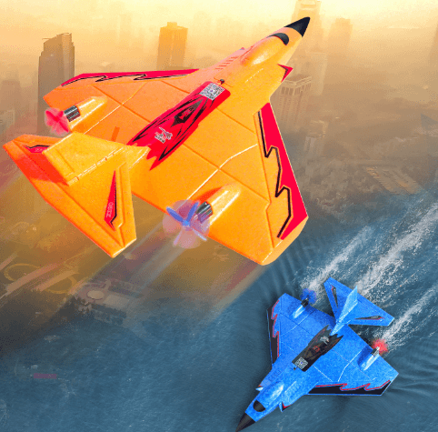 X320 3-in-1 RC plane for water land air soaring above city skyline and water surface.