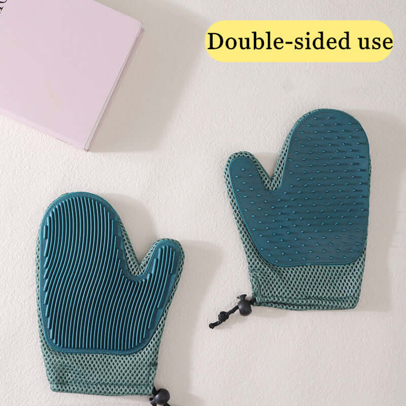 Silicone massage gloves for pet grooming shown in a double-sided design on a flat surface.