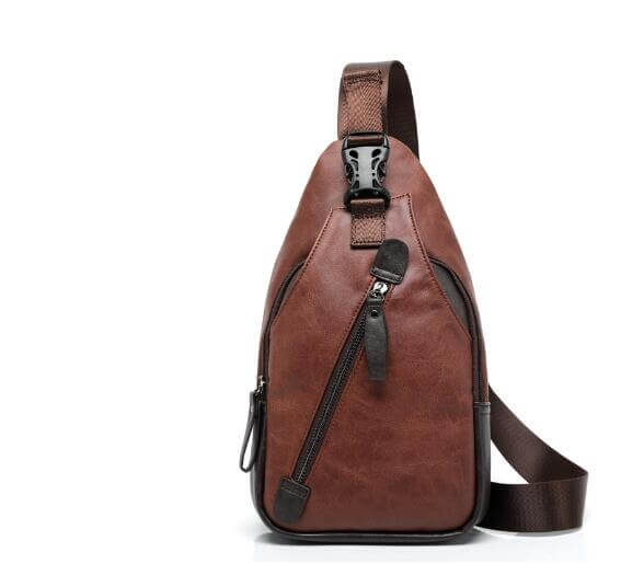Stylish chest bag crossbody in brown PU leather with adjustable strap and zipper pocket.