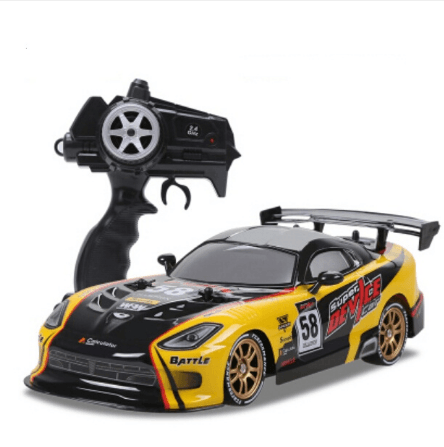 remote control car with a wireless remote, featuring a racing design and vibrant colors.