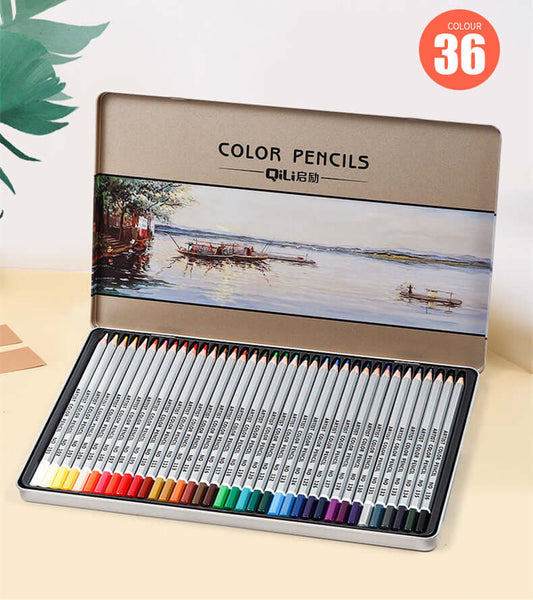 36-Color Colored Pencil Set in Metal Box for Art showcasing a colorful collection of pencils in an organized tin.