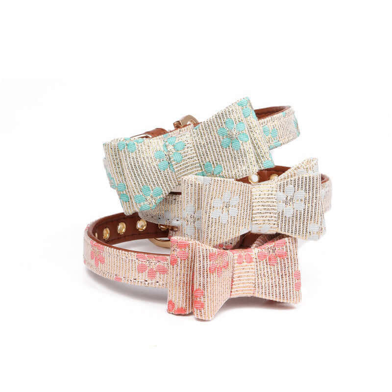 Cute Bowknot Pets Collars in three colors featuring stylish floral designs and chic bowknot embellishments.