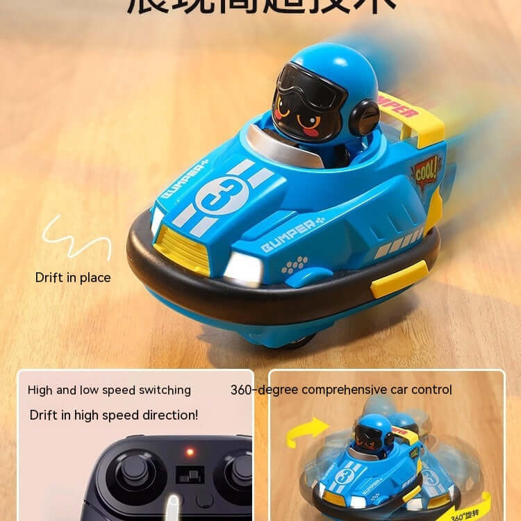 Remote Control Bumper Car Toy Set featuring a blue racing bumper car with a smiling driver in action