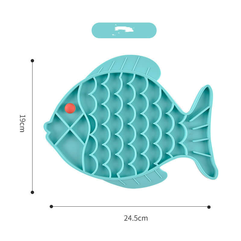 Silicone slow food plate for dogs in fish shape, vibrant turquoise color with divided sections for meal management.