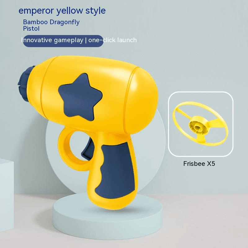 Training Launcher With Flying Discs in yellow, featuring a one-click launch pistol and flying discs.