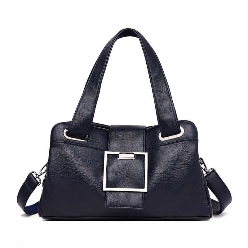 Fashionable European American leather handbag in navy, featuring a stylish square buckle design.