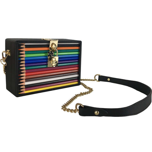 Lockable Colored Pencil Box Bag featuring colorful pencils and an elegant strap for stylish storage.