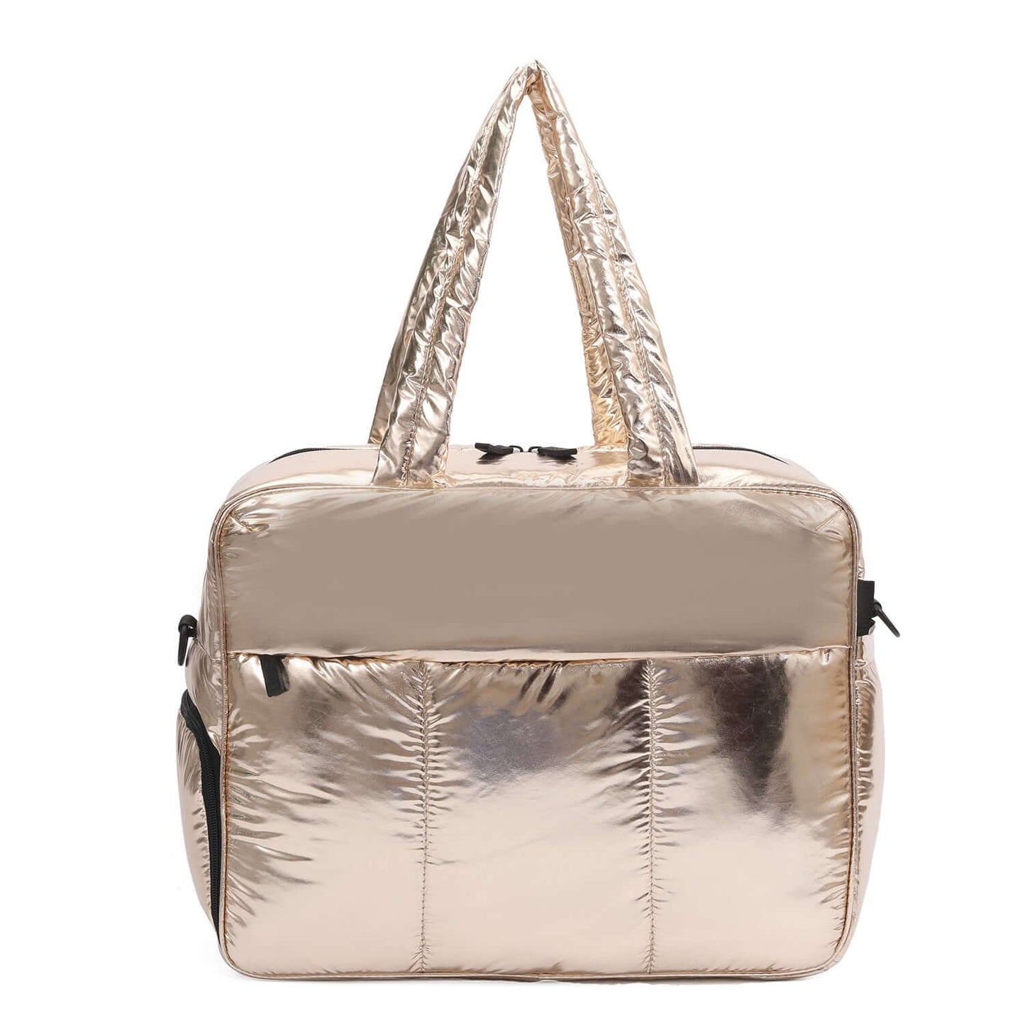 Winter Travel Duffle Bag with Shoes Compartment for Women in metallic gold color with stylish design.