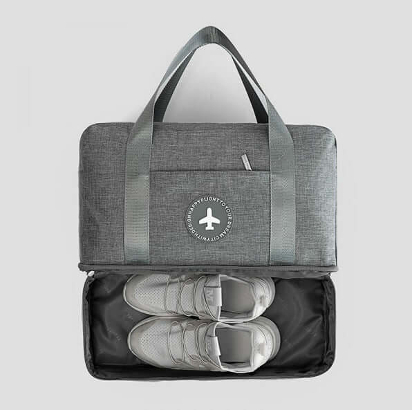 Beach Bag, Swim Bag, Robe Bag, Toiletry Bag, Organizer with shoes in a gray storage bag.