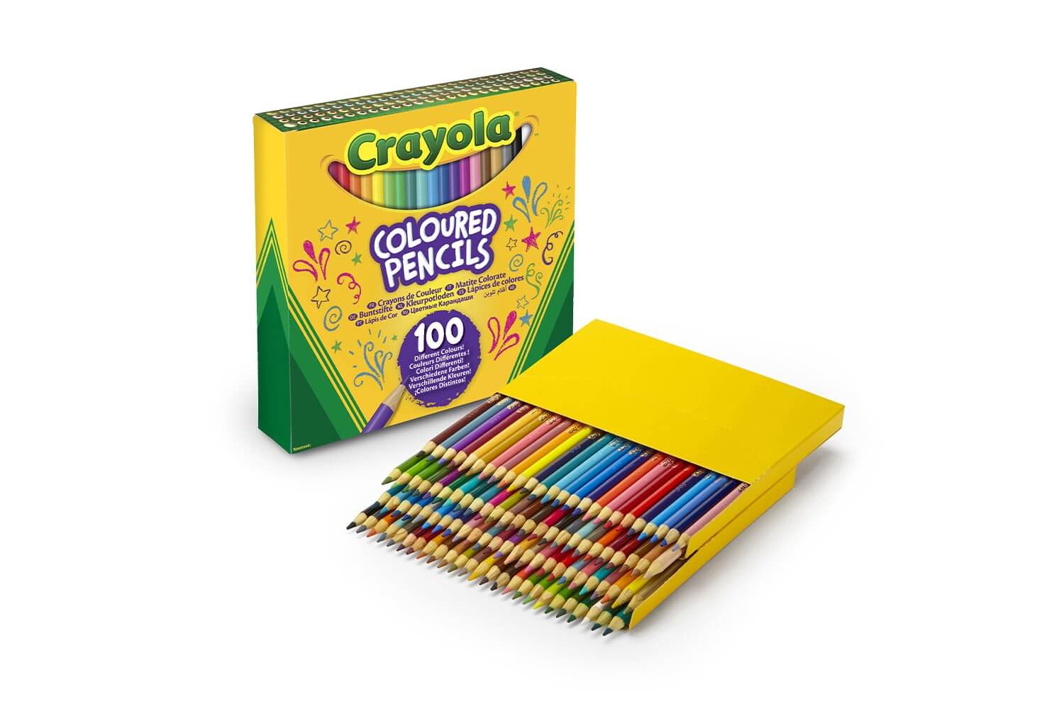 Crayola Colored Pencils 100 count package with vibrant pencils ready for creative projects.