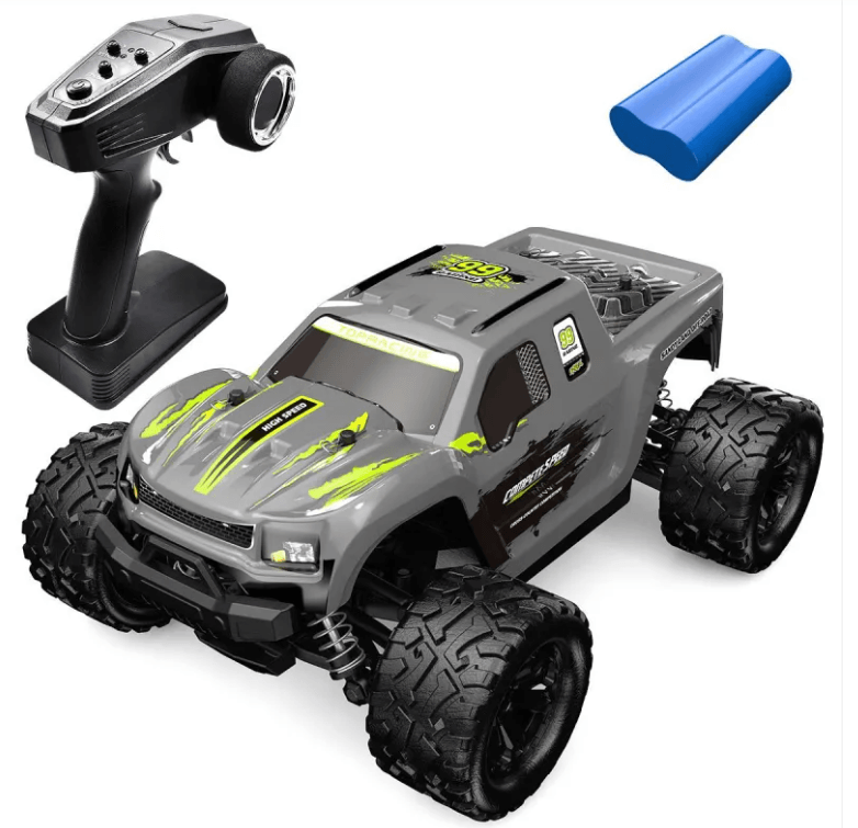 Remote Control Car with controller and battery, featuring durable wheels and responsive design.