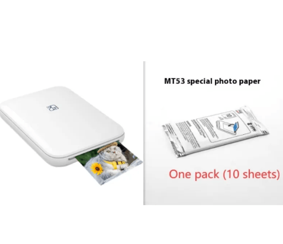 Wireless Color Photo Printer with printed photo and MT53 special photo paper pack.