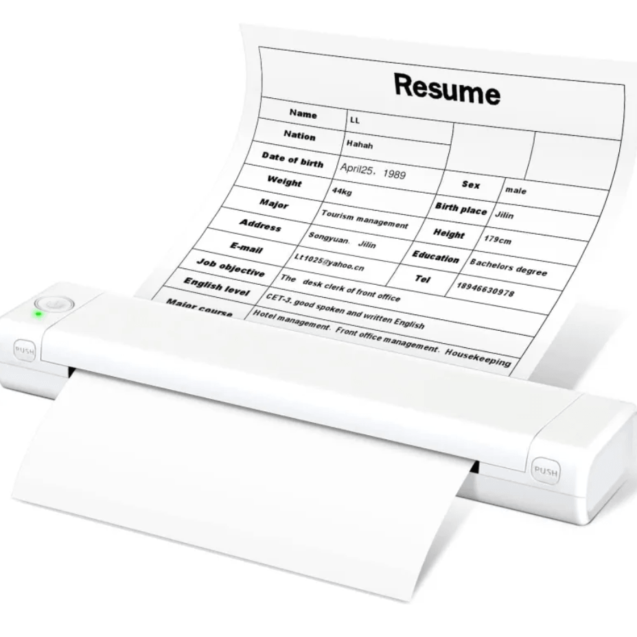 Portable A4 Thermal Printer printing a resume document on a compact, ink-free device.