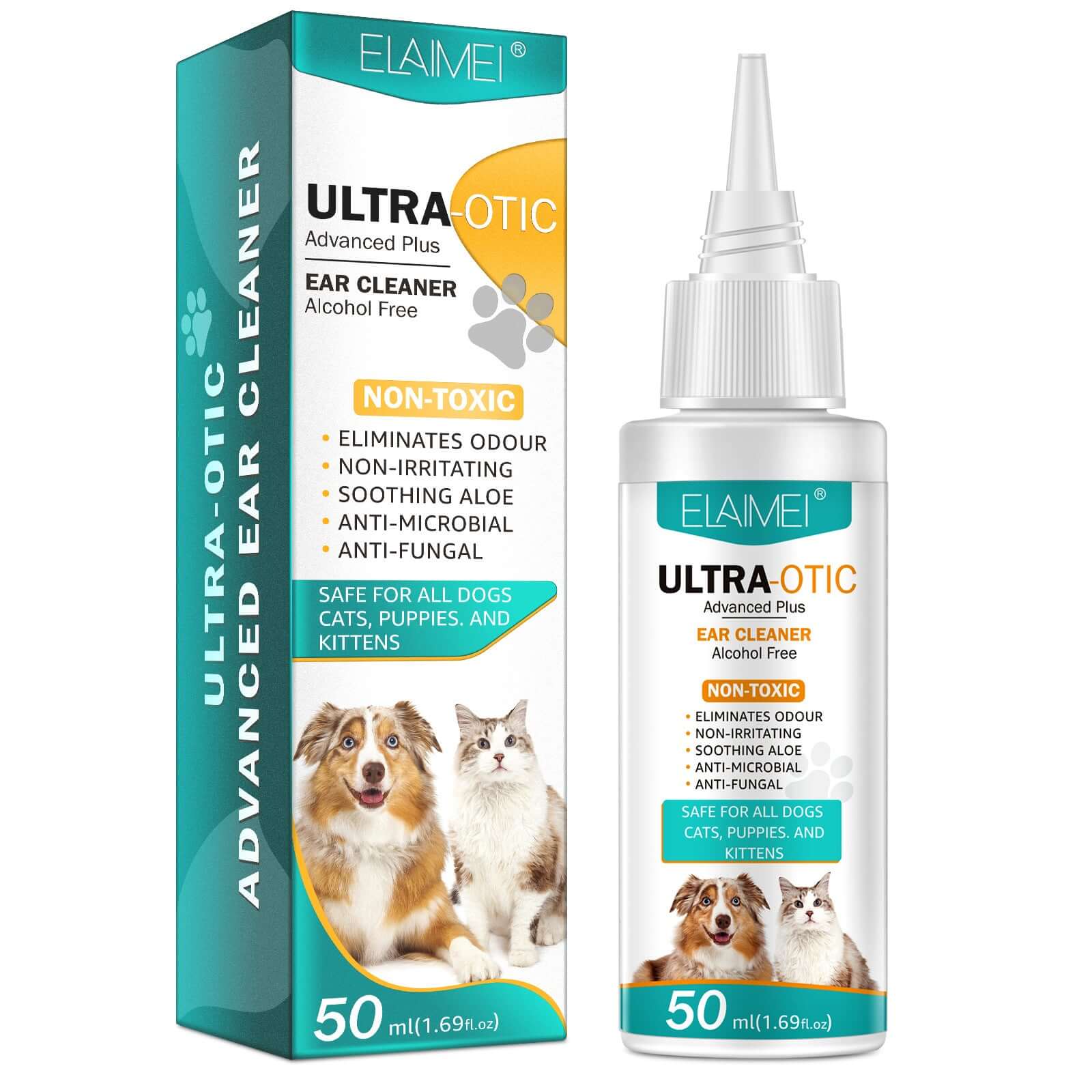 Pet ear cleaning solution 50ml in bottle with non-toxic formula for dogs and cats, effective ear cleaner.