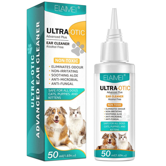 Pet ear cleaning solution 50ml in bottle with non-toxic formula for dogs and cats, effective ear cleaner.