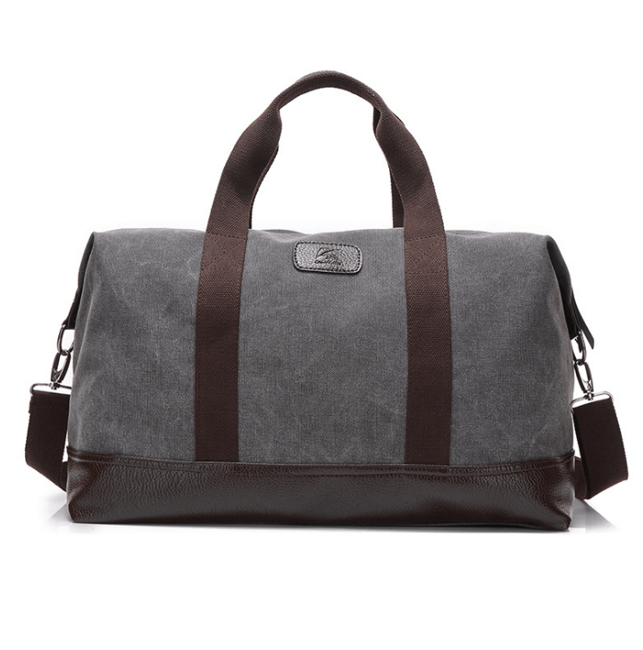 Canvas Crossbody Bag, Travel Bag, Sports Bag in grey with brown straps and zip closure.