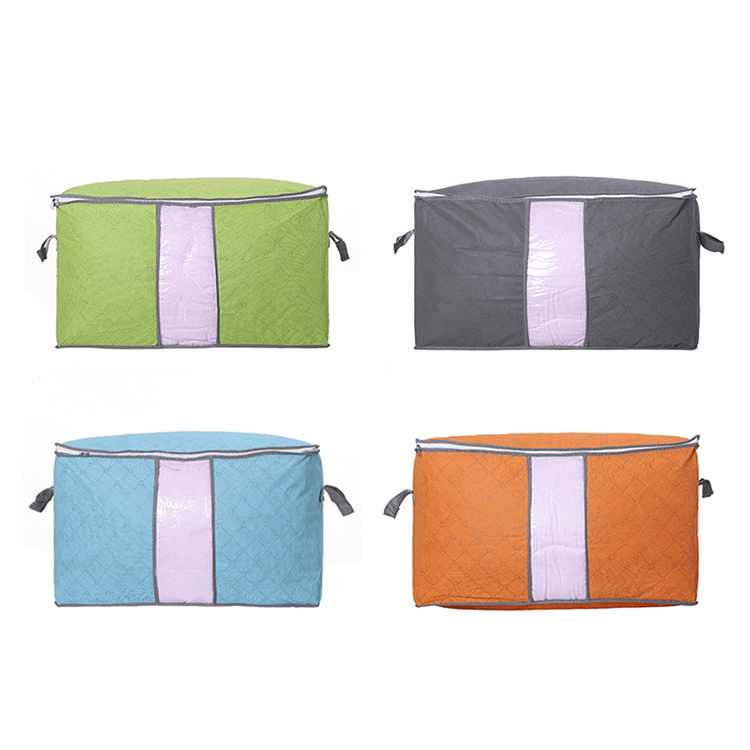 Storage Bag Quilt Storage Bag Moving Packing Bag Clothes Sorting Bag Clothing Duffel Bag in green, gray, blue, and orange.