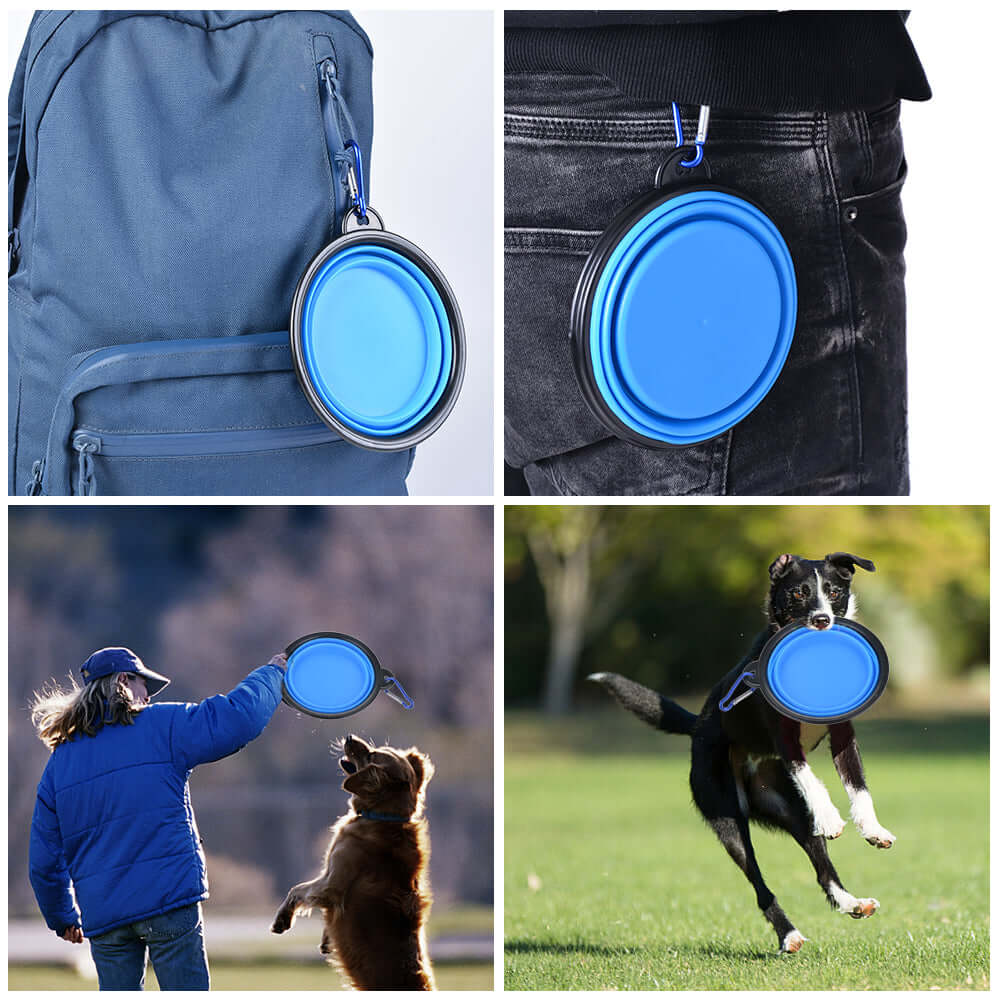 Collapsible Pet Bowl attached to a backpack and shown being used for pet play outdoors.