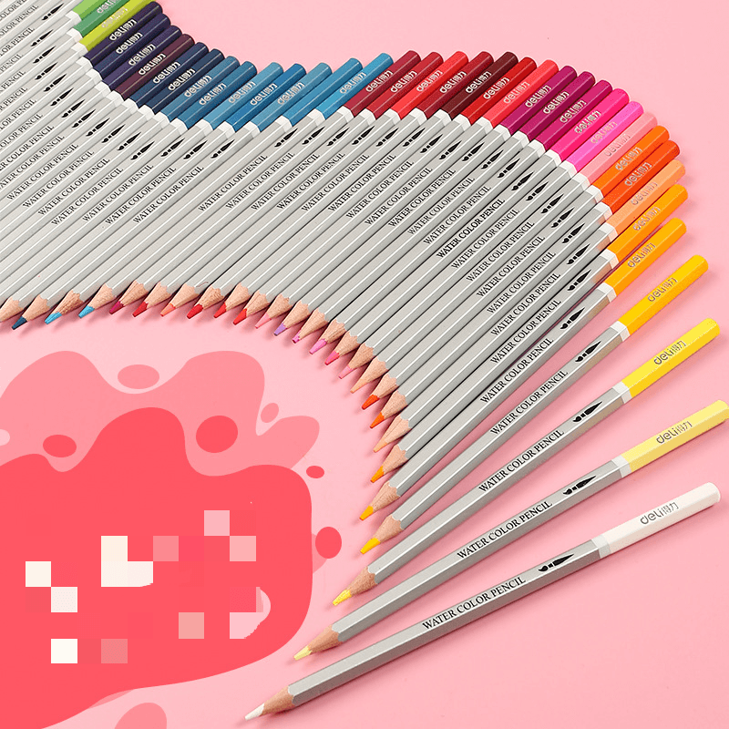 Water-Soluble Colored Pencils for Hand Drawing in vibrant colors arranged aesthetically on a pink background.