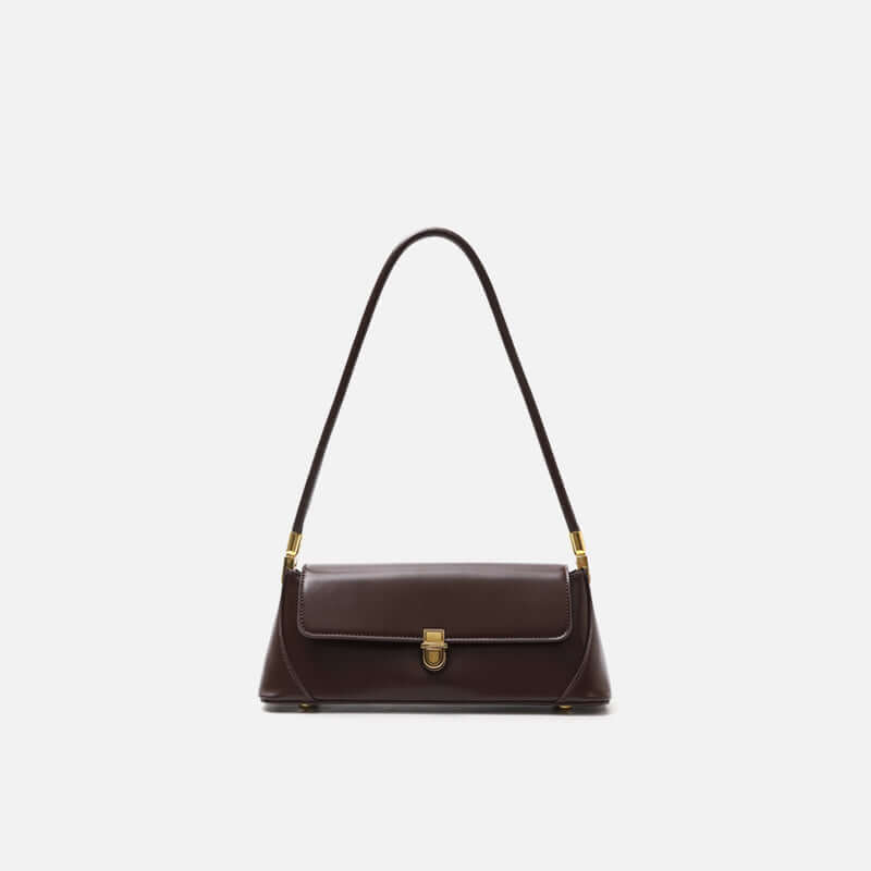 Chic shoulder bag in dark brown with a secure lock closure and elegant design, perfect for stylish outings.
