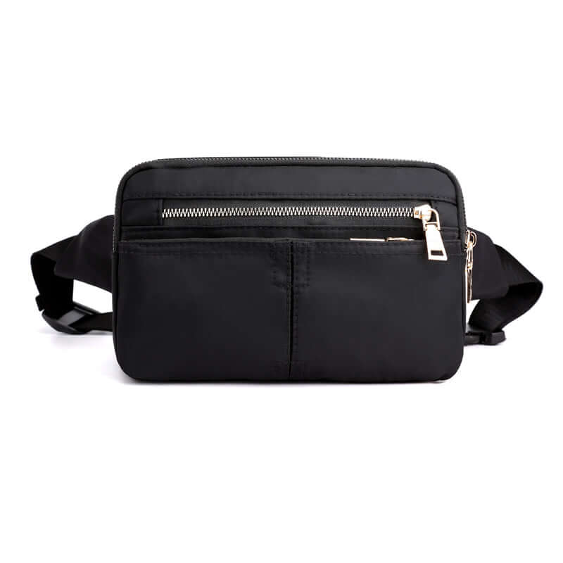 Stylish waist bag for outdoor activities with durable nylon and multiple zippered pockets.