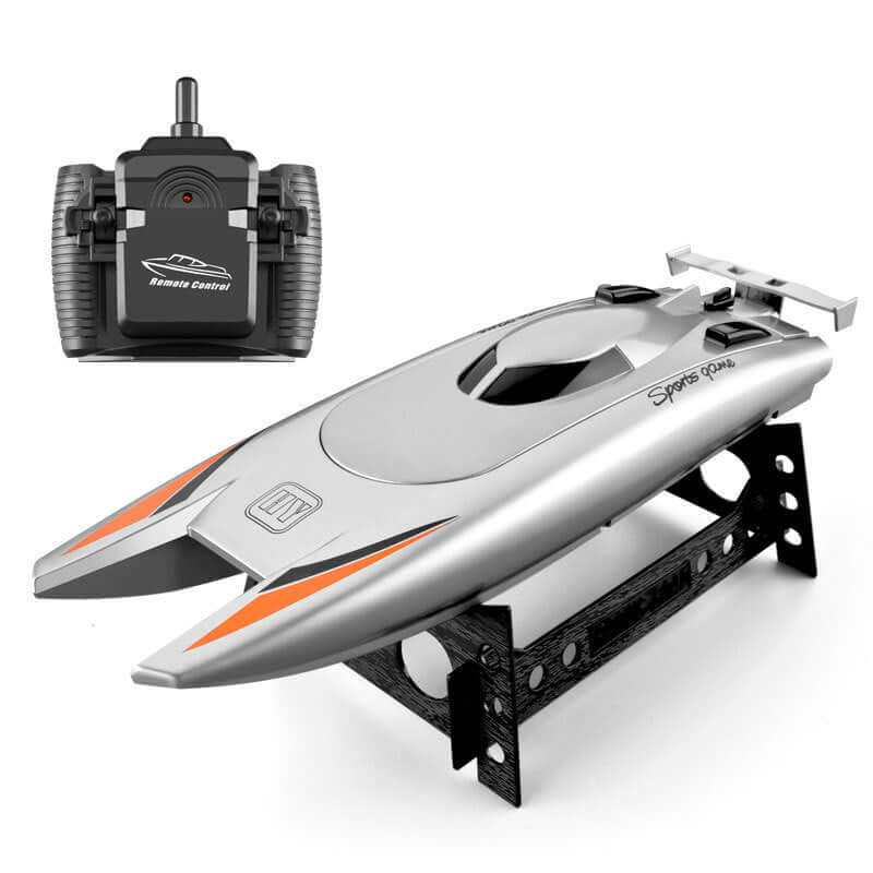 Dual motor remote control boat with remote control, sleek design for racing and outdoor fun.