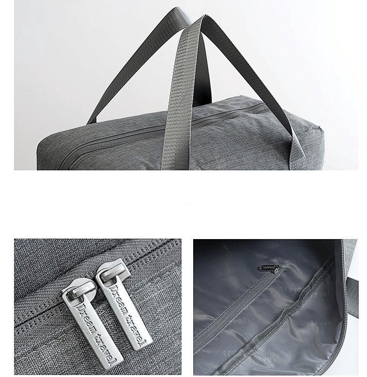 Versatile beach and swim bag showing sturdy gray fabric and zipper details.