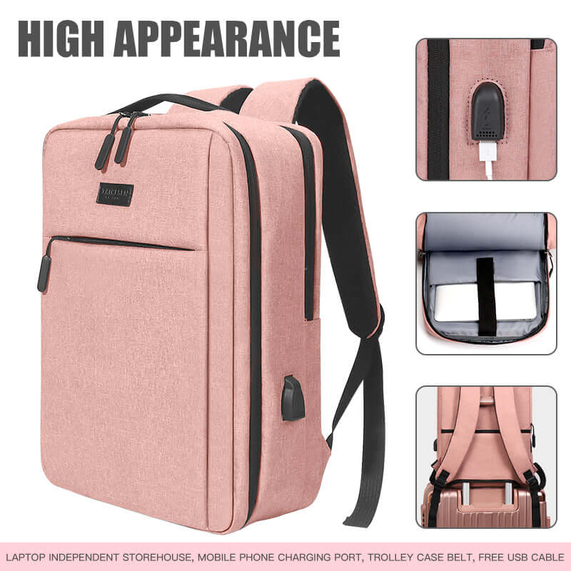 Men's casual travel laptop backpack in pink with USB charging, multiple compartments, and stylish design.