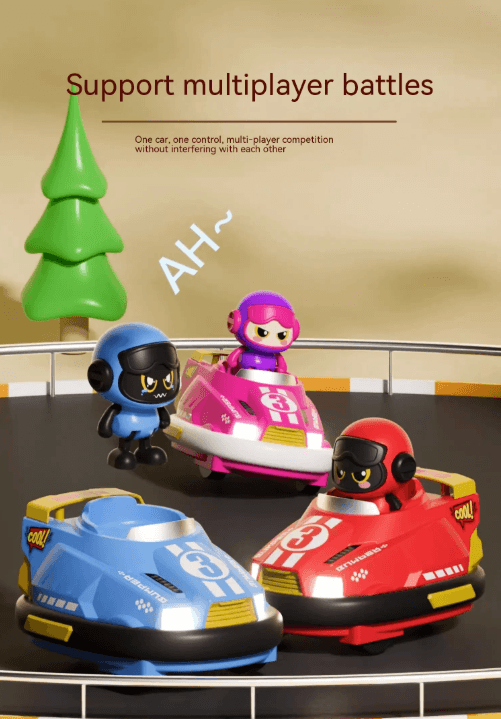 Remote Control Bumper Car Toy Set featuring colorful cars and characters in multiplayer action.