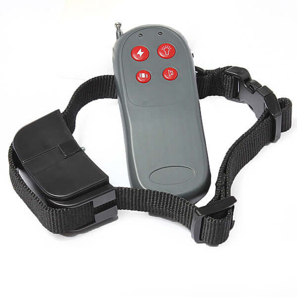 4-in-1 Remote Dog Training Device with Shock and Sound featuring remote and collar strap.