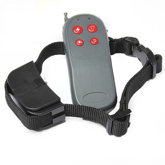 4-in-1 Remote Dog Training Device with Shock and Sound featuring remote and collar strap.