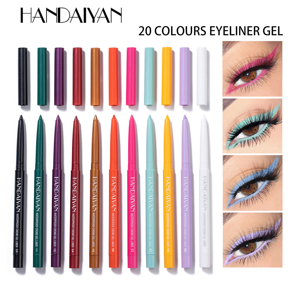 A vibrant 20-piece waterproof colored eyeliner set displayed with various colors and eye looks.