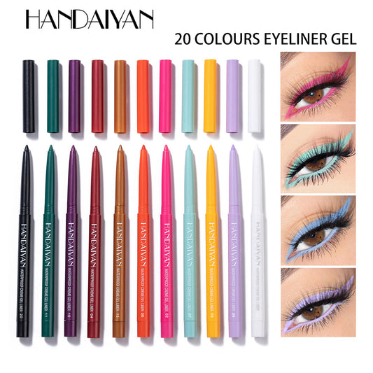 A vibrant 20-piece waterproof colored eyeliner set displayed with various colors and eye looks.