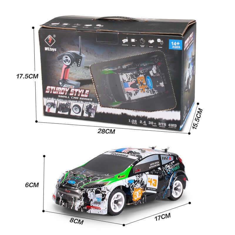 K989 Remote Control 4WD Mini Racing Car 1:28 Scale with dimensions and packaging details.