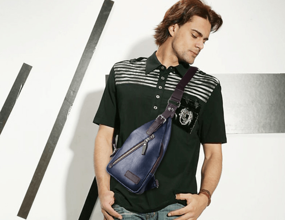 Stylish man wearing a Chest Bag, Waist Bag, Shoulder Bag, Crossbody Bag in navy blue against a modern backdrop.