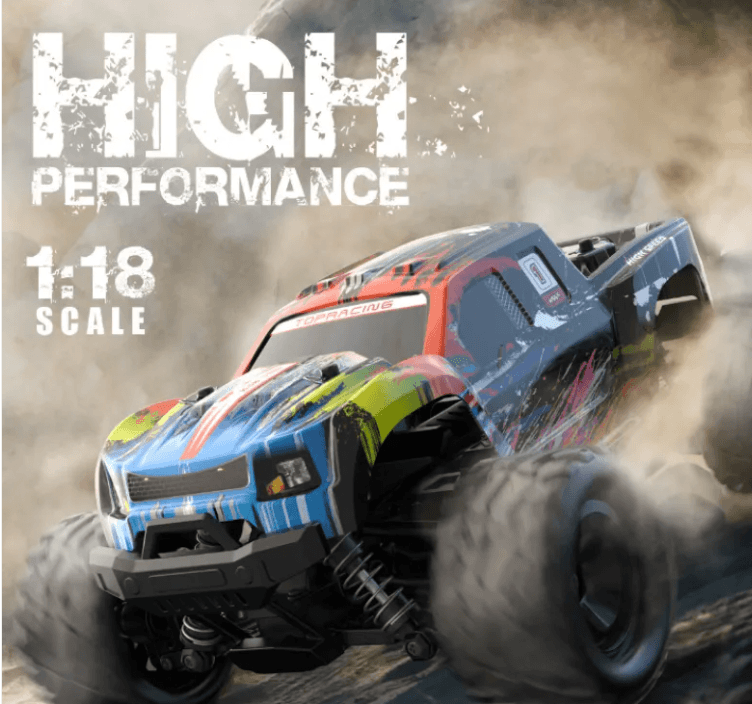 Remote Control Car racing on rugged terrain, showcasing high performance with 1:18 scale design.