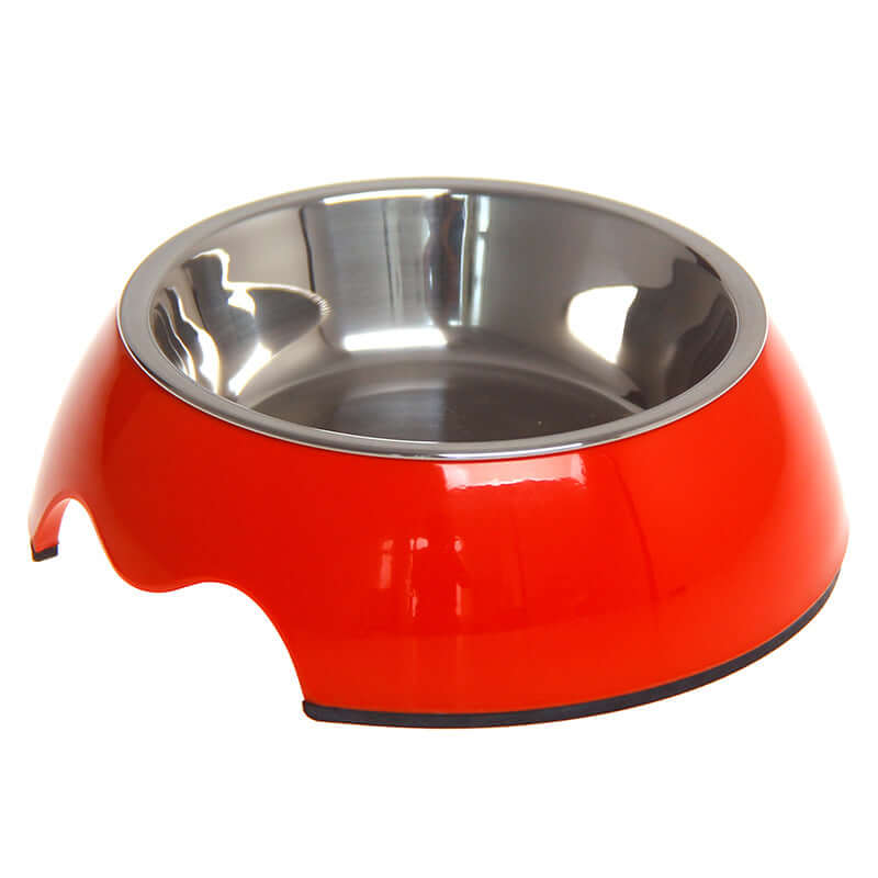 Non-slip stainless steel pet bowl in red color with a stylish design and sturdy base.