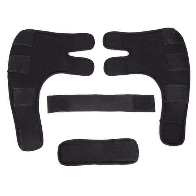 Dog knee brace for injury recovery components, including neoprene sleeves and straps, designed for leg support.