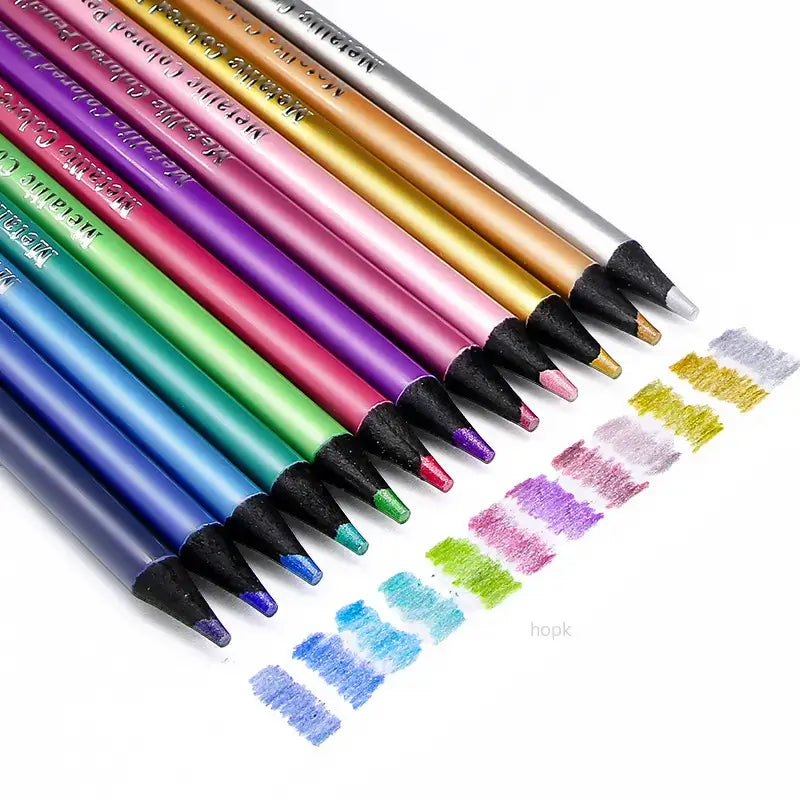 12 Colors Metallic Colored Pencils Art Supplies Set with swatches showcasing vibrant hues and fine tips.