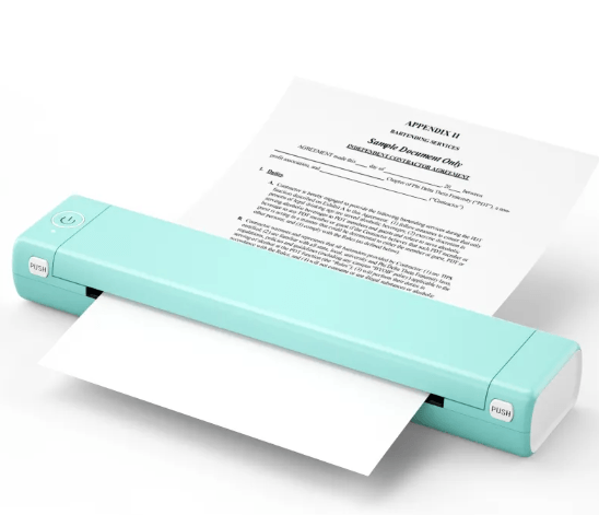 Wireless Thermal Printer printing documents on-the-go, featuring a portable design and sleek turquoise color.
