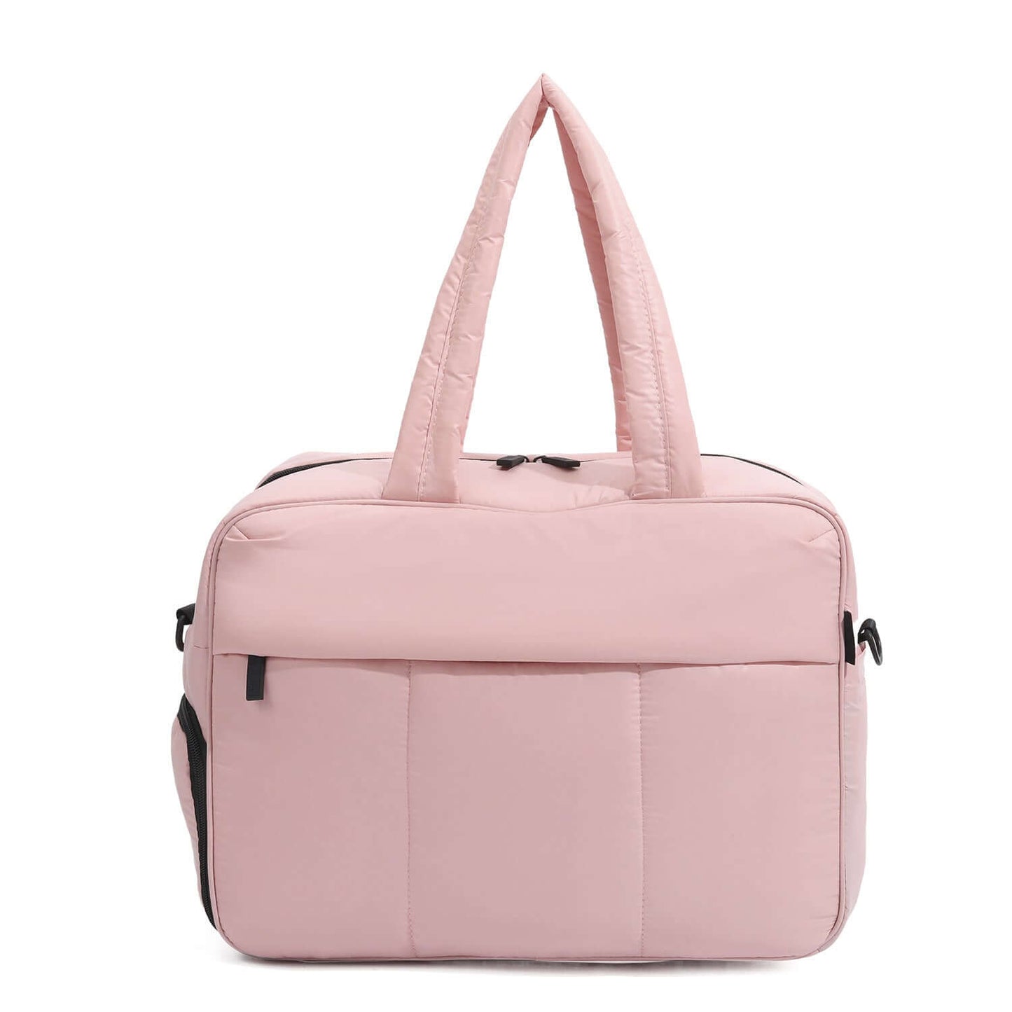 Women's winter travel duffle bag in soft pink color with durable design and stylish features.