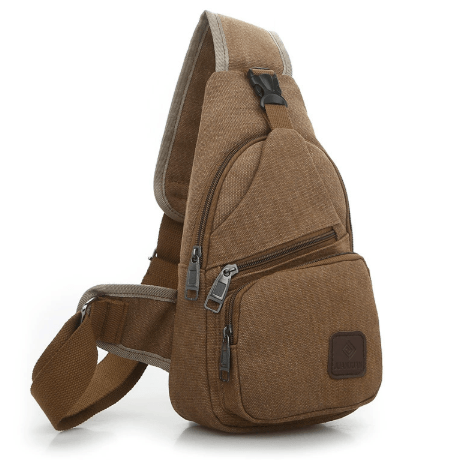 Ergonomic cycling chest bag in brown fabric, featuring multiple pockets and an adjustable strap.