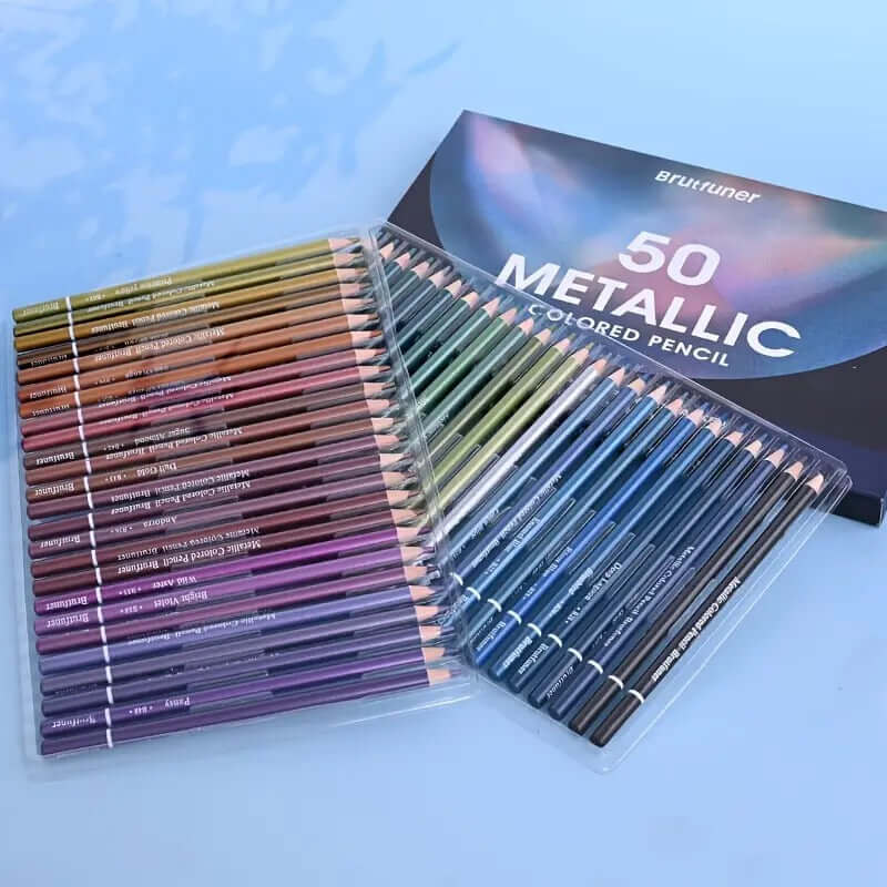 Brutfuner 50-Color Pearlescent Colored Pencils Set showcasing vibrant metallic shades.