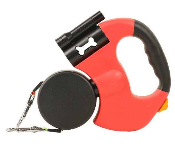 Automatic double dog leash with retractable dual-line system and light, ideal for walking two dogs.
