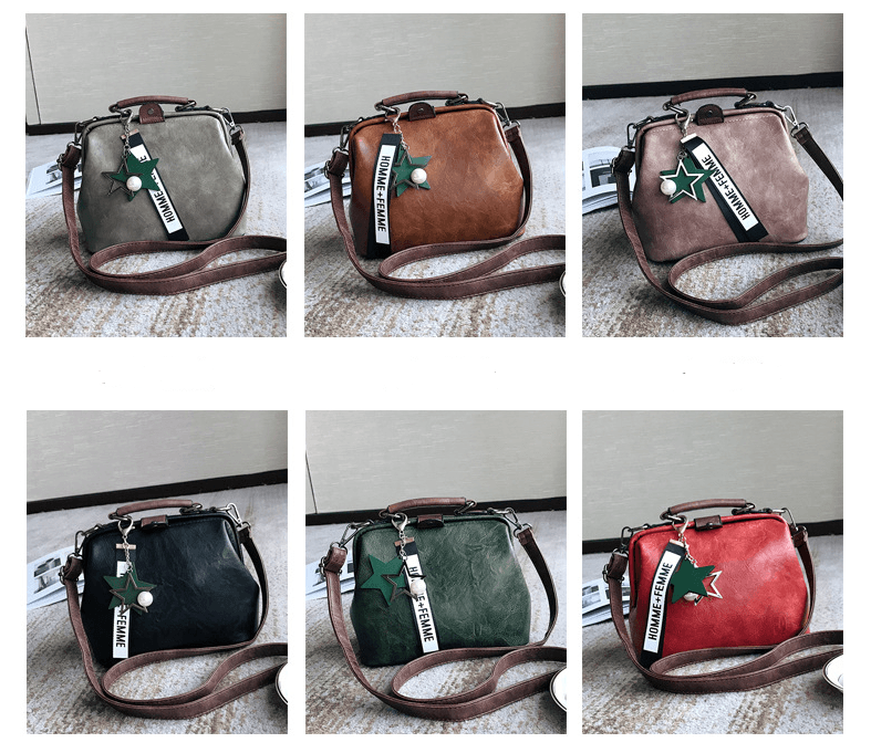 Chic doctor shoulder bag collection featuring various colors and styles with stylish keychains and straps.