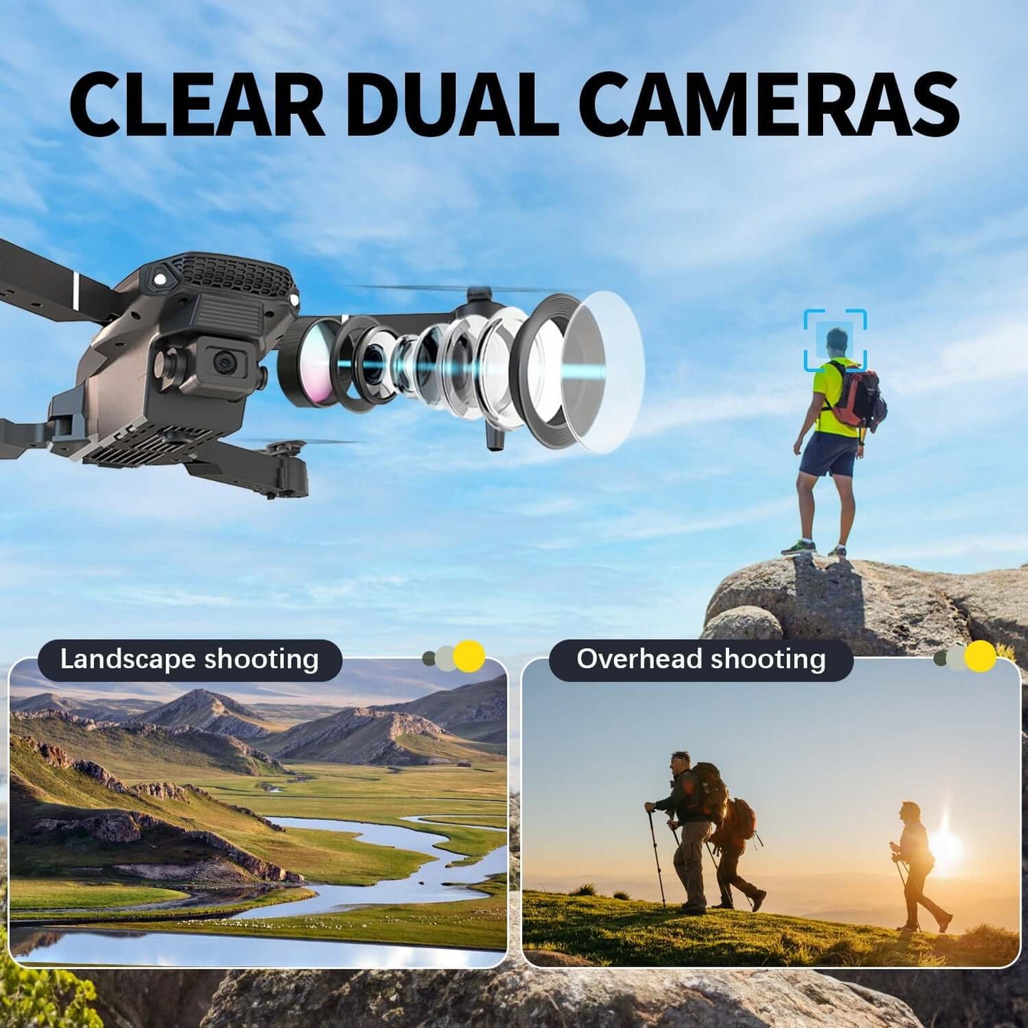 E88 Dual Camera RC Drone showcasing clear dual cameras for landscape and overhead shooting in outdoor settings.