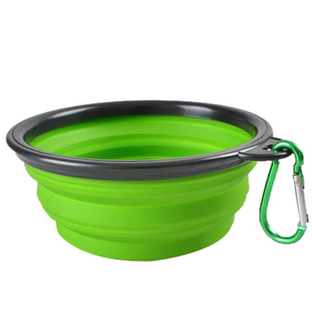 Collapsible pet bowl in vibrant green color, designed for easy feeding on the go with a carabiner clip.
