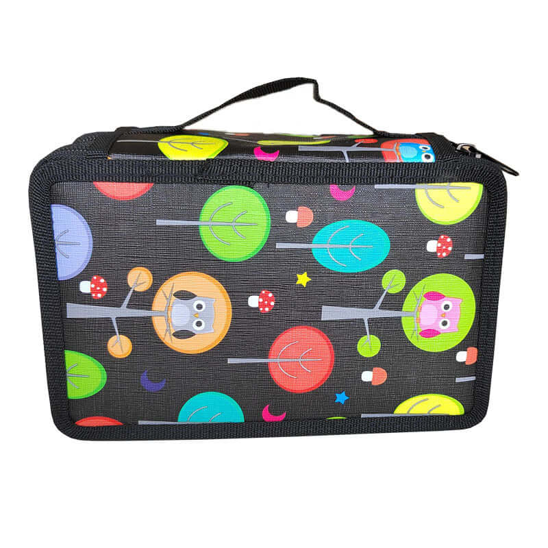 72 Colors Premium Oil-Based Colored Pencil Set storage case design with colorful trees and owls.