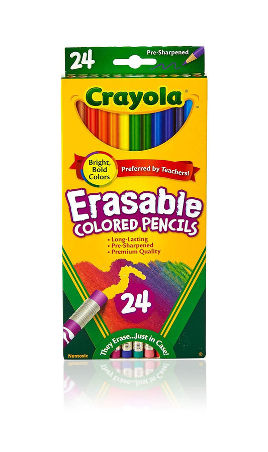 Crayola Erasable Colored Pencils (24ct), erasable colored pencils for kids in vibrant colors, perfect for arts and crafts projects.