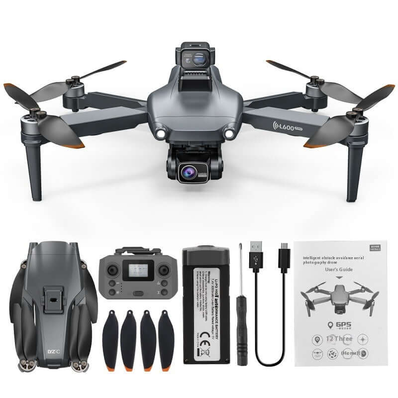 L600PRO Folding Four-axis Drone with controller, batteries, and accessories on display.